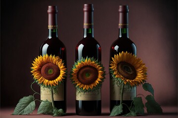  three bottles of wine with sunflowers in them on a table with a brown background and a brown background behind them, with a single sunflower in the middle of the bottle and the., generative ai