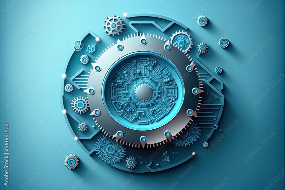 Aufkleber a circular metal object with gears and gears on it's surface, on a blue background, with a shadow of