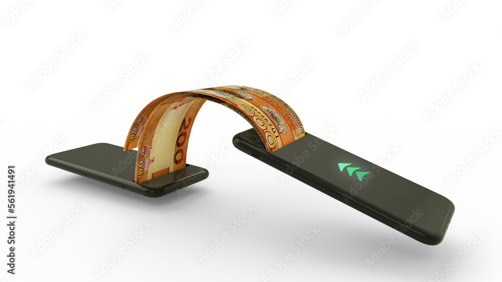 Poster 3d rendering of gambian dalasi notes transferring from one phone to another. mobile money transactio