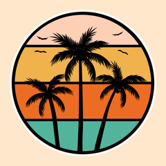 Fototapeta na wymiar Summer California Sunset Beach Emblem Patch Logo Poster Label Vector Illustration Retro Vintage Badge Sticker And T-shirt Design