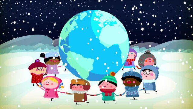 Children in winter clothes dancing in a circle around rotating earth. They are holding their hands. Happy cartoon animation background, with many characters. Frost, snow, pulsing stars. Seamless loop.