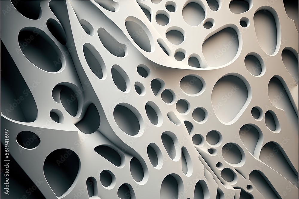 Poster a close up of a wall made of holes and circles of white paper with a black background and a black fr