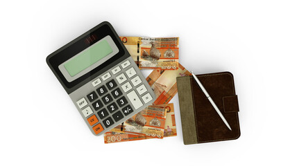 3D rendering of an isolated composition of Gambian Dalasi notes, a calculator, a note book and a pen