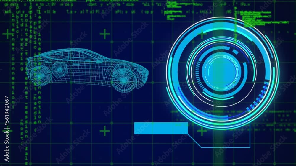 Poster animation of round scanner, data processing and spinning 3d car model against blue background