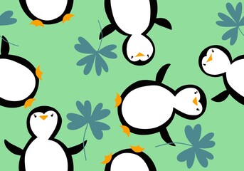Cartoon animals seamless cute penguin witch clover pattern for kids accessories and fashion clothes print