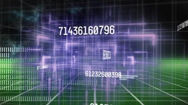 Animation of multiple changing numbers and purple light trails over green grid network