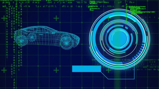 Animation of round scanner, data processing and spinning 3d car model against blue background