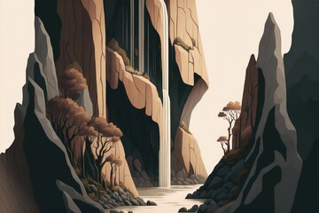 Fototapeta na wymiar Waterfall cascading down a cliff face. Flat design illustration, muted and earthy colors, harmony and balance. Generative AI