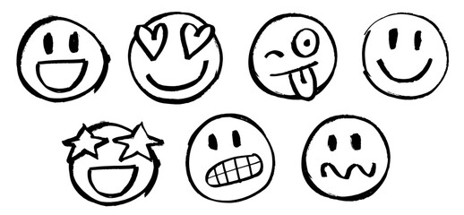 Emojis, different expressions. Vector faces. Afraid, confused, gleeful, happy, star-eyed, in love, crazy, tongue out. Blinking eyes. Hand drawing with marker pen. Brush, isolated on white background. - obrazy, fototapety, plakaty