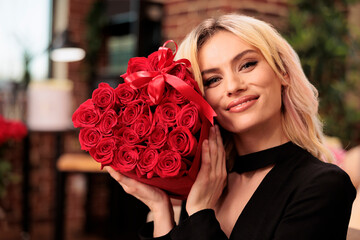 Cute girlfriend posing with valentines day red roses bouquet, receiving romantic gift from...