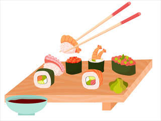 Sushi. Cartoon isolated plate with chopsticks and rolls with rice, salmon for food with soy sauce, wasabi and ginger at sushi bar or Japanese. Restaurant of Asian cuisine. Vector weekend isolated