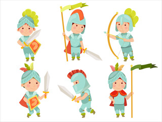 The little knight. Middle Ages. Metal armor. Knight tournaments. Children in fairy costumes, isolated vector illustration.