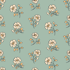 Seamless floral pattern, cute flower print with vintage rustic motif. Delicate botanical design with hand drawn outline flowers branches, leaves on a blue background. Vector illustration.