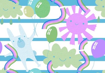 Festive animals seamless rabbit bunnies and sun and clouds and balloons pattern for wrapping paper and kids