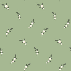 Seamless floral pattern, cute botanical print with small berries on the branches. Pretty surface design with tiny hand drawn plants on a gray-green background. Vector illustration.