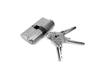 Pin tumbler of cylinder lock internal mechanism with keys on white background. New door lock with a bunch of keys on a white background.