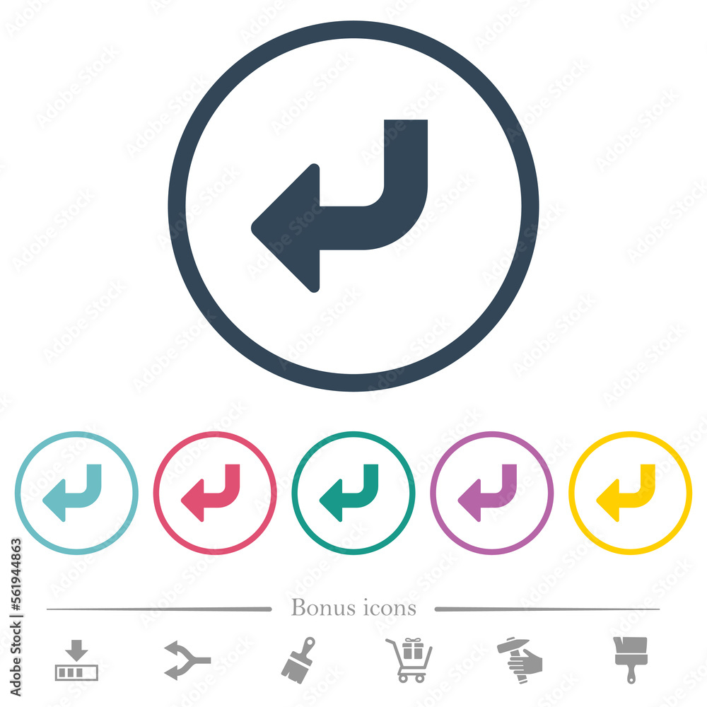 Poster bottom left side turn arrow solid flat color icons in round outlines