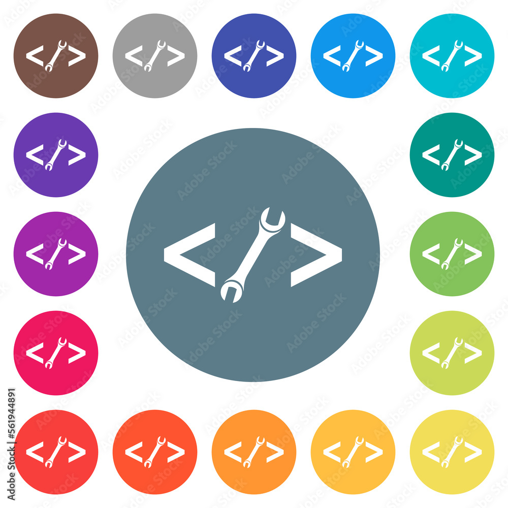 Aufkleber web development with wrench flat white icons on round color backgrounds
