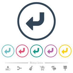 Bottom left side turn arrow solid flat color icons in round outlines
