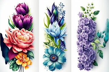 Set of three flower decorations isolated on white background. Generative ai illustration.