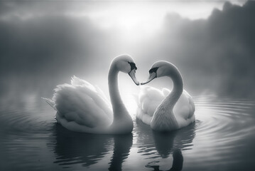 romantic image of two swans on the lake at sunset. Generative AI