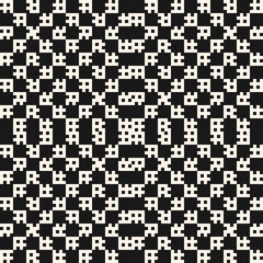 Geometric squares pattern. Vector abstract black and white seamless texture with small square shapes, pixels, grid. Simple monochrome background. Ethnic style minimal ornament. Repeat design