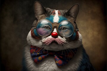 Created with Generative AI technology. Funny cat is wearing costume clown.