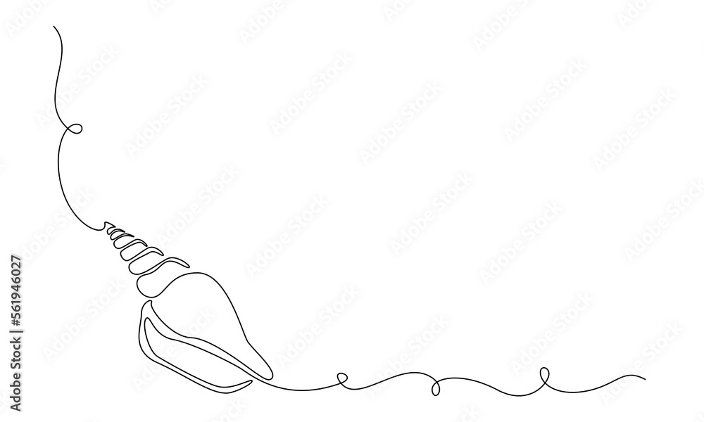 Poster continuous one line drawing of conch snail shell. seashell symbol and banner of beauty spa and welln
