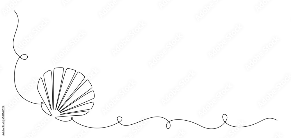 Poster continuous one line drawing of open oyster shell. seashell symbol and banner of beauty spa and welln