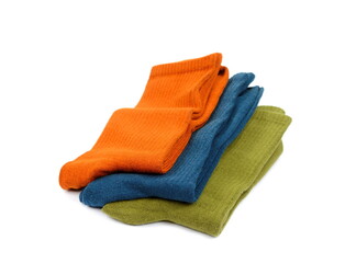 Warm woolen socks isolated on white background.