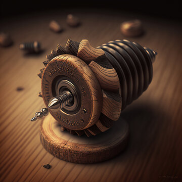 Ilustraciones figurativas de IA de unos engranes hechos a mano de carpinter&iacute;a, concepto futurista de la carpinter&iacute;a o trabajos manuales