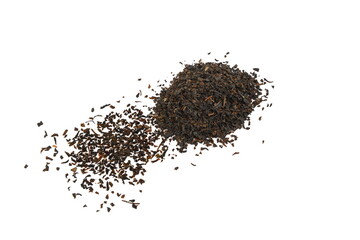 Dry black tea leaves isolated on white background.