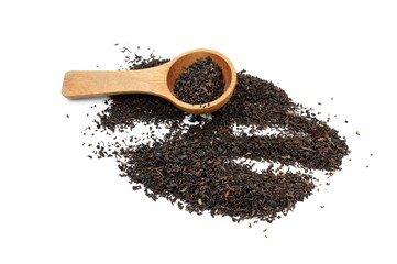 Dry black tea leaves isolated on white background.