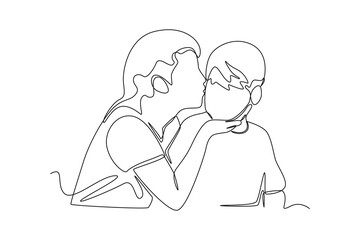 Continuous one line drawing Happy mother gives a kiss to her teenage son. Raising teens concept. Single line draw design vector graphic illustration.