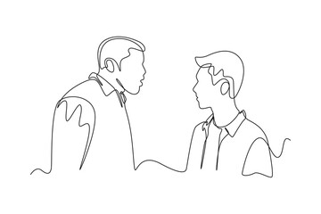 Continuous one line drawing angry father scolding his son. Raising teens concept. Single line draw design vector graphic illustration.