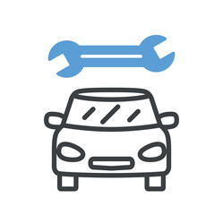 Car service doodle icon. Vehicle under blue wrench. Aesthetics and elegance, minimalist creativity and art. Vehicle and repair. Poster or banner for website. Cartoon flat vector illustration