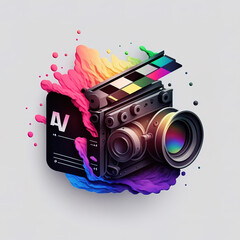 Cinema concept. Professional video camera with clapperboard, 3D rendering. Generative AI
