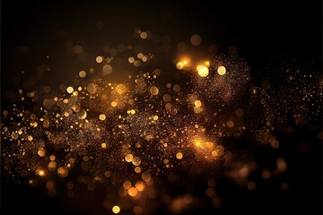Golden glitter bokeh sparkles lights dark abstract overlay background. AI generated art illustration.