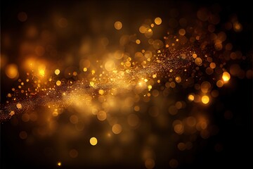 Golden glitter bokeh sparkles lights dark abstract overlay background. AI generated art illustration.