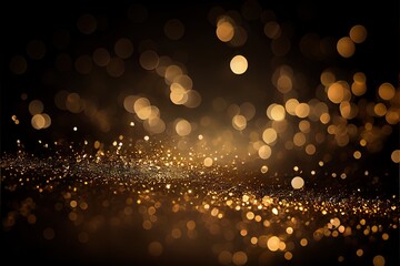 Fototapeta na wymiar Golden glitter bokeh sparkles lights dark abstract overlay background. AI generated art illustration.