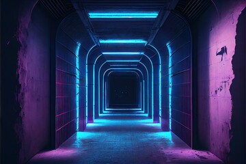 Fototapeta premium Neon Glowing Blue Purple Cyber Retro Sci Fi Futuristic Concrete Glossy Grunge Tunnel Underground Corridor Hallway Basement Hangar Showcase Showroom 3D Rendering. AI generated art illustration. 