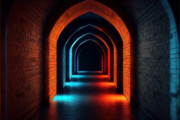 Fototapeta premium Neon Laser Cyber Orange Blue Lights On Medieval Brick Wood Grunge Tunnel Corridor Concrete Glossy Cement Floor Showroom Club Dark Stage 3D Rendering. AI generated art illustration. 