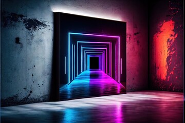 Obraz premium Neon Laser Cyber Purple Red Blue Square Frame Lights On Medieval Wood Grunge Tunnel Corridor Concrete Glossy Cement Floor Showroom Club Dark Stage 3D Rendering. AI generated art illustration. 
