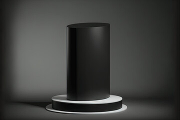 Advertising display with a black product background stand or podium pedestal and white backdrops. Generative AI