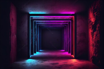 Fototapeta premium Neon Laser Cyber Purple Red Blue Square Frame Lights On Medieval Wood Grunge Tunnel Corridor Concrete Glossy Cement Floor Showroom Club Dark Stage 3D Rendering. AI generated art illustration. 