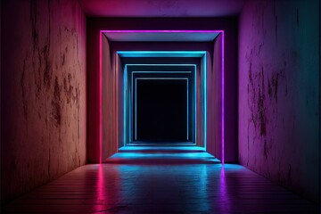 Neon Laser Cyber Purple Red Blue Square Frame Lights On Medieval Wood Grunge Tunnel Corridor Concrete Glossy Cement Floor Showroom Club Dark Stage 3D Rendering. AI generated art illustration.	
