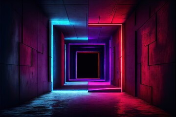 Fototapeta na wymiar Neon Laser Cyber Purple Red Blue Square Frame Lights On Medieval Wood Grunge Tunnel Corridor Concrete Glossy Cement Floor Showroom Club Dark Stage 3D Rendering. AI generated art illustration. 
