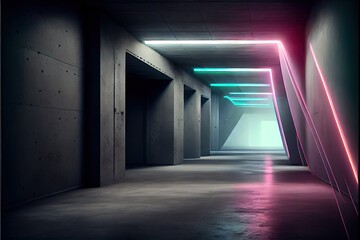 Neon Laser White Lights Hangar Garage Studio Rough Concrete Cement Asphalt Realistic Tunnel Corridor Hallway Showroom Warehouse Basement Spotlight Studio Underground. AI generated art illustration.	