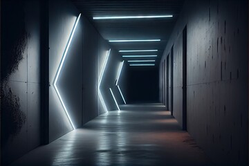 Neon Laser White Lights Hangar Garage Studio Rough Concrete Cement Asphalt Realistic Tunnel Corridor Hallway Showroom Warehouse Basement Spotlight Studio Underground. AI generated art illustration.	
