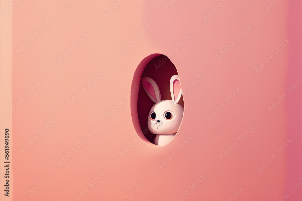 Poster Simple illustration of an Easter bunny hiding and spying on a pink painted egg on a pink pastel background. Easter vacation idea. Generative AI